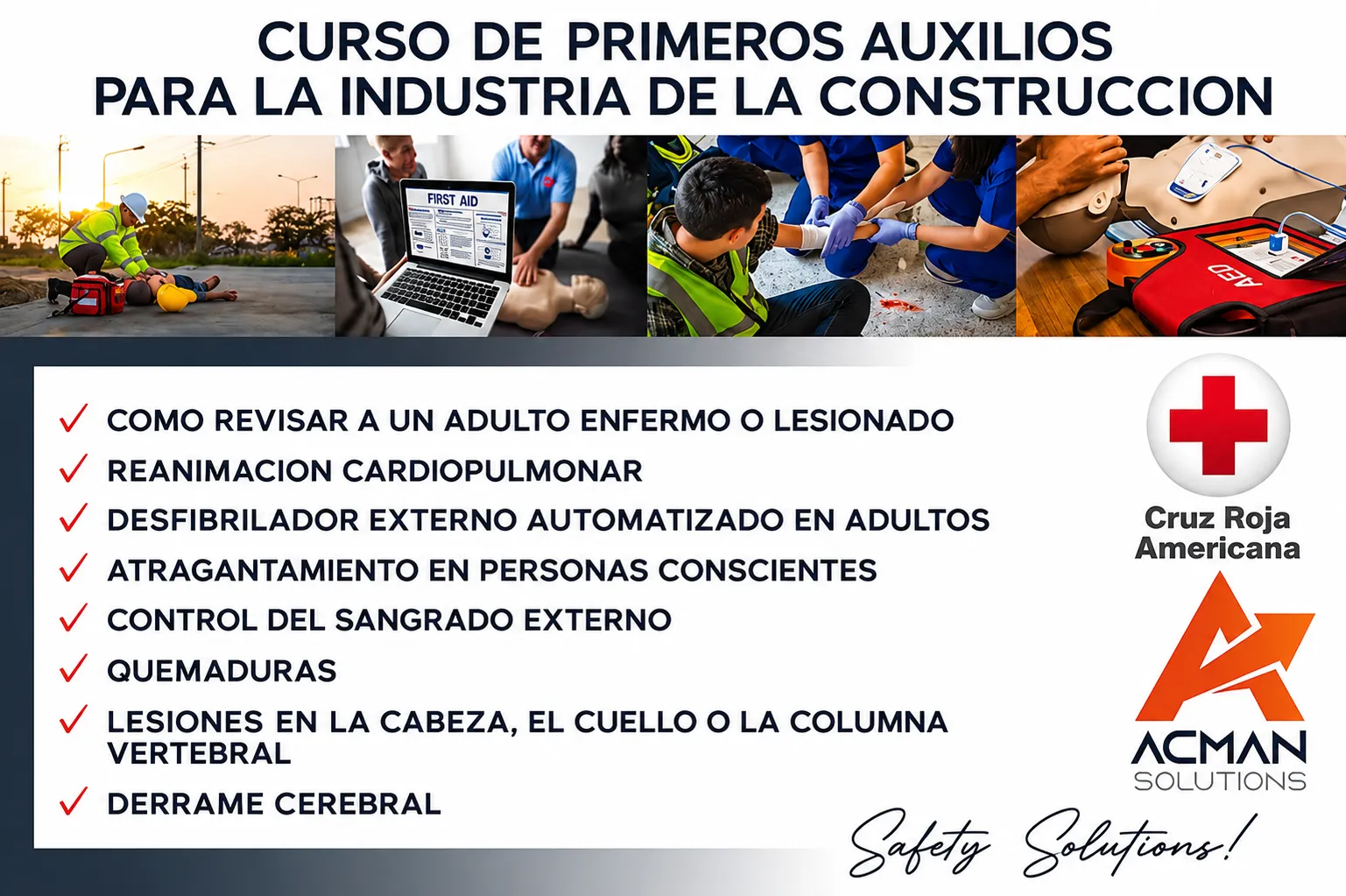 ACMAN Solutions First Aid course flyer for the construction industry, aligned with the American Red Cross curriculum